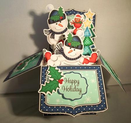 3D Xmas Snowmen Rubber Band Pop Up Box Card by Debi Larson
