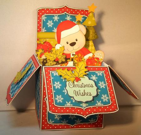 3D Xmas Livvy Bear Rubber Band Pop Up Box Card by Debi Larson