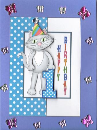 Birthday Kitty Fold Back Card for 1st Birthday by Debi Post