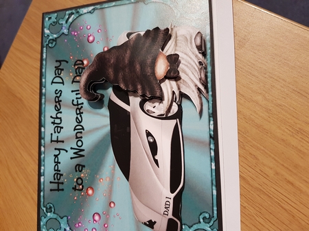 Fathers Day Posh Car Gnome - 7x5 inch card front with decoupage by Deborah Horton