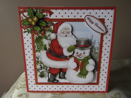 Santa and Snowman Square Card Front by Deborah McLuckie