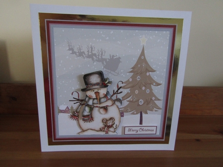 Snowman and Christmas tree lights 7x7 card by Deborah McLuckie