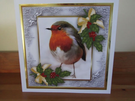 Christmas Robin & berries& golden bow by Deborah McLuckie