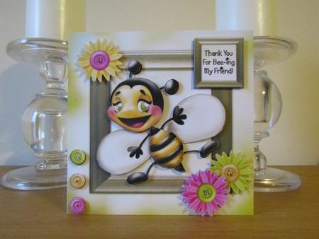 Happy Bee 6x6 Decoupage Card - Yellow, Green & Pink by Deborah McLuckie
