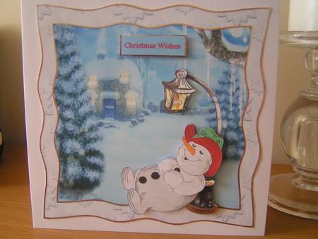 Sleeping Snowman 7x7 Card with Decoupage by Deborah McLuckie
