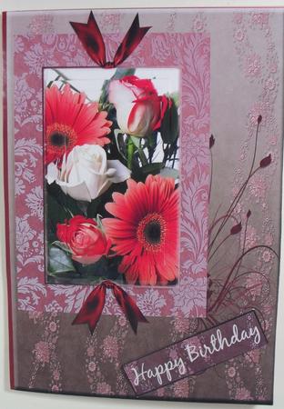 Gerbera & Rose Bouquet Pyramid on a Floral Swirl Background by Debbie Porter