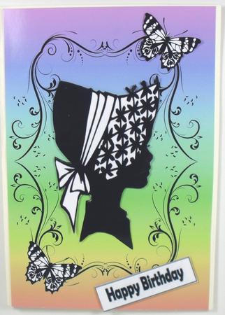 Pretty Silhouette Lady with Bonnet on Rainbow Background by Debbie Porter