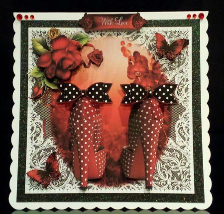 Red Polka Dot Shoes with Black Paper Bow Card Front by Deborah Sweet