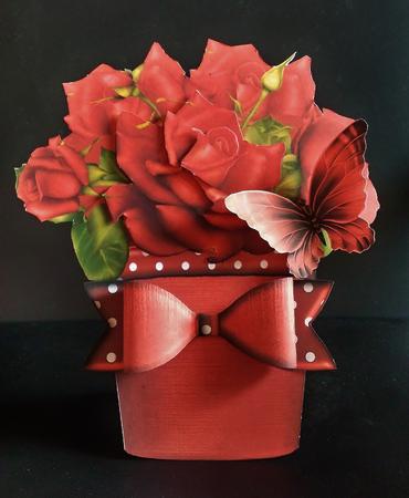Gorgeous Red Rose Plant Pot with Paper Bow Shaped Card by Deborah Sweet