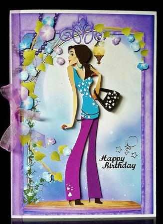 Fashionista! Purple Pose Card Front and Decoupage by Deborah Sweet