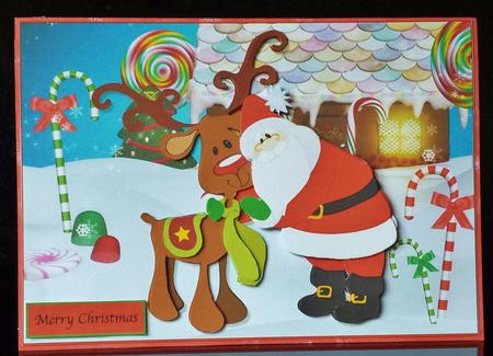Santa and Rudolf in the Snow Card Front and Decoupage by Deborah Sweet