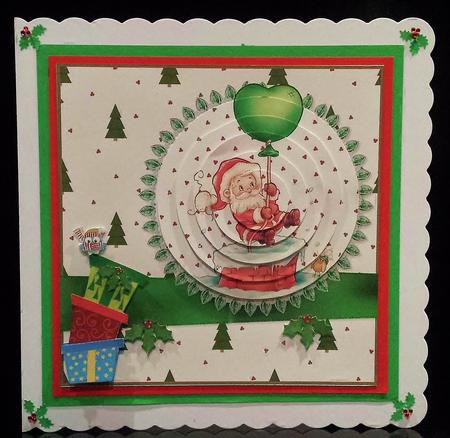 Santa Floats Down the Chimney Card Front and Pyramid by Deborah Sweet