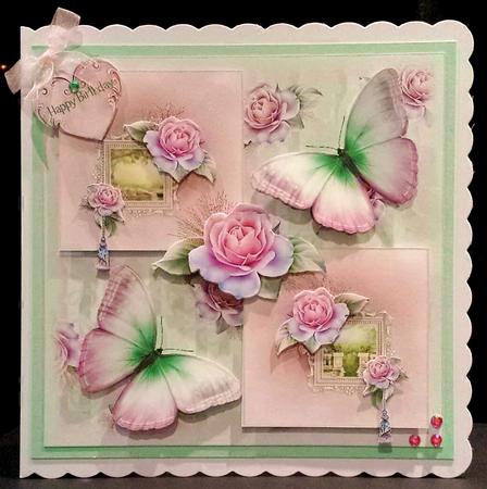 Soft Butterfly Roses in Green and Pinks Card Front with Inse by Deborah Sweet