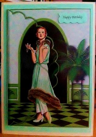 Green Elegance Art Deco Lady Scalloped Edge Envelope Card by Deborah Sweet