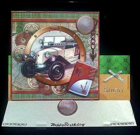 Steampunk Car on Map Birthday Card Topper & Decoupage by Deborah Sweet