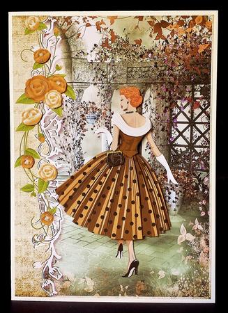 1950's Lady Country Stroll Card Front and Decoupage by Deborah Sweet