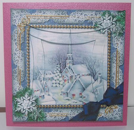 Blue Church Snow Square Spiral Rounded Edge Stacker by Deborah Braun