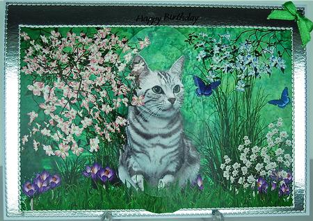 Tabby Cat in the Flowers - Oval Pyramid Card + Sentiments by Debra Macey
