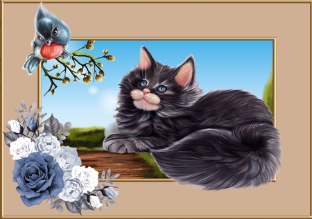 Kitten and Birds by Deloraine Neubauer