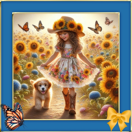20+ sunflower girl with pup and butterflies by Deloraine Neubauer