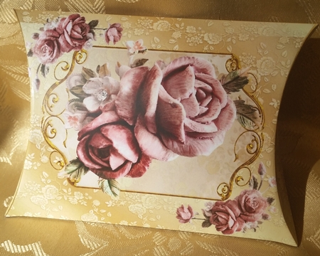 Pink Roses in Gold Frame with Bow Pillow Box by Deloraine Neubauer