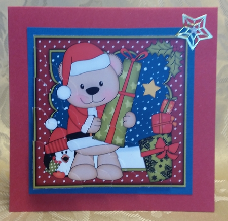 Christmas Livvy Bear and Pip Penguin bring the Christmas Presents Scallop Corner Topper by Deloraine Neubauer