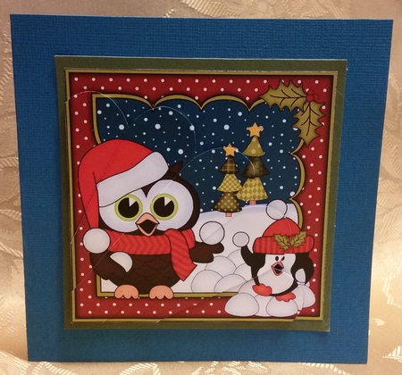 Christmas Little Hoot Owl and Pip Penguin have a Snowball Fight Fan Pyramage Topper by Deloraine Neubauer