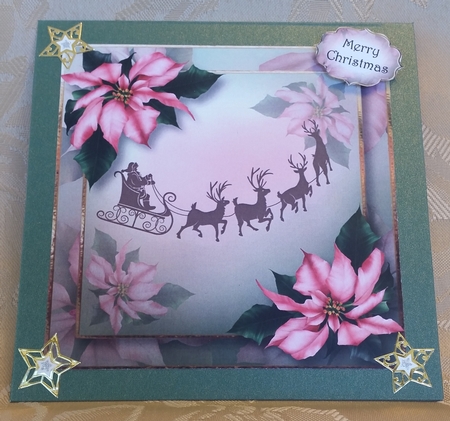 Santas Flight With Pink Poinsettias 8x8 by Deloraine Neubauer