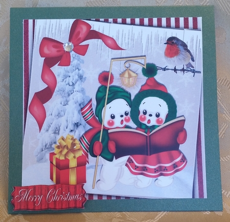 christmas snowmen carol singers with robin 8x8 by Deloraine Neubauer