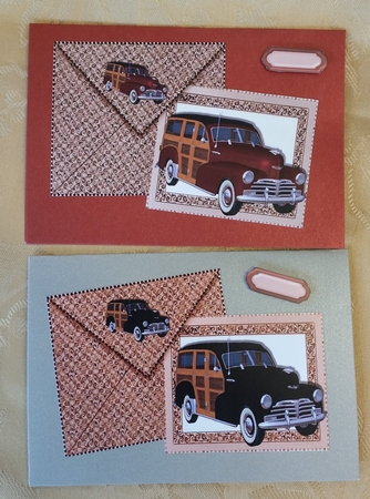1948 Vintage woody cars on card with envelope card fronts by Deloraine Neubauer