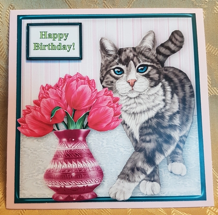 Silver Grey Tabby Cat Tiptoeing Round The Tulips - 8 x 8 Card Topper by Deloraine Neubauer
