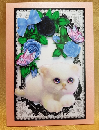 cute fluffy white kitten with lilac roses, & butterflies in black lace A5 by Deloraine Neubauer