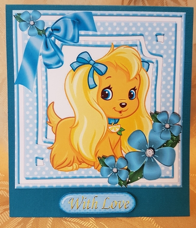 Cute puppy in turq bows with flowers 8x8 by Deloraine Neubauer