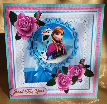 Pretty girl with snowman with lilac painted roses pyramids 8x8 by Deloraine Neubauer