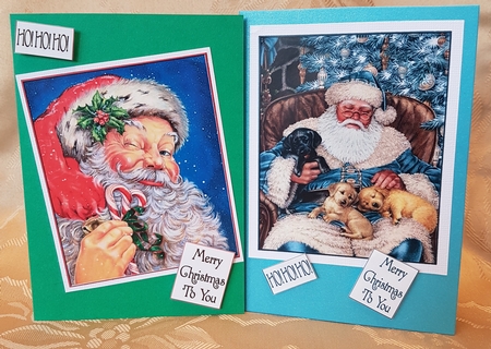 Blue Santa with Puppies  and Candycane Santa Toppers by Deloraine Neubauer