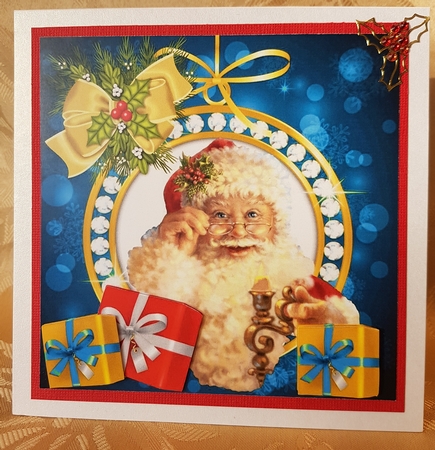 lovely santa with candlestick and presents (blue) 8x8 by Deloraine Neubauer