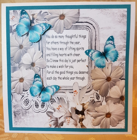 pretty white daisies, flowers and turq butterflies with verse 8x8 by Deloraine Neubauer