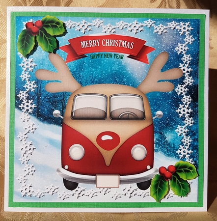 Red Toonie Christmas campervan in the snow 8x8 by Deloraine Neubauer