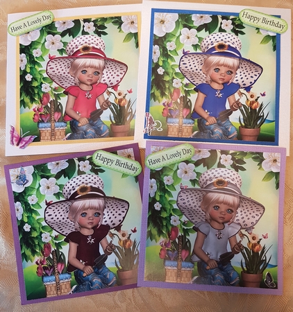 I love pretty flowers and gardening 8x8 Card fronts with little girls kit (set two) by Deloraine Neubauer