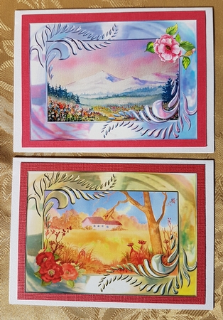 2 A5 Card toppers. Alpine Meadow and Autumn Farm by Deloraine Neubauer