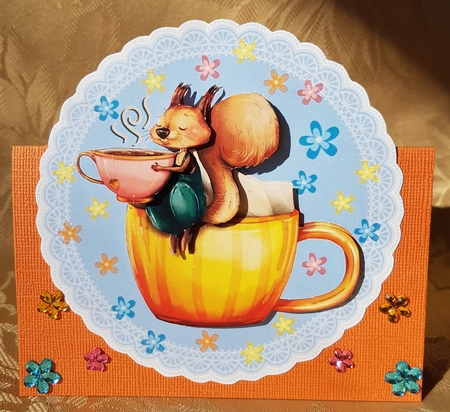 TEA SQUIRREL TOPPER WITH DECOUPAGE by Deloraine Neubauer