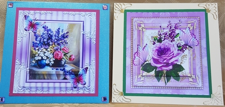 pretty flowers in a vase 2 small cards  with purple butterflies  pyramids by Deloraine Neubauer
