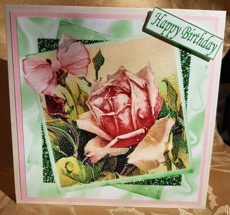 vintage pink roses on glitter stacked frame with organza bow 8x8 by Deloraine Neubauer