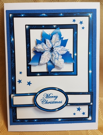 Blue Poinsettias card front by Deloraine Neubauer