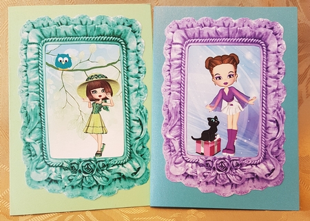 2 FrillyToppers one Purple, one Turquoise both with a cute girl on matching background by Deloraine Neubauer