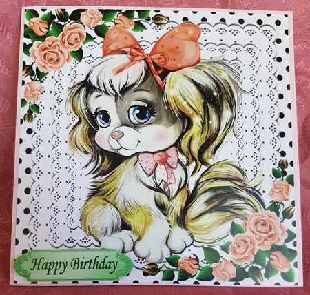 Adorable little puppy with bow , peach roses & lace 8x8 by Deloraine Neubauer