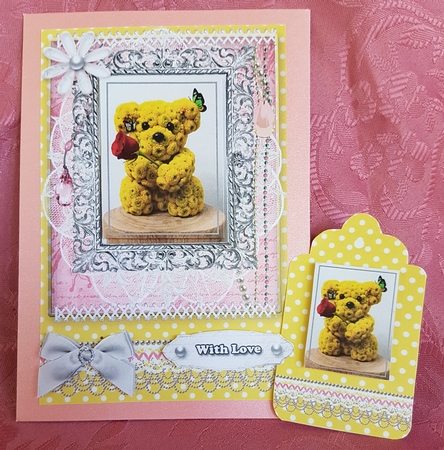 Shabby Chic Quick Card with gems tag, and lace by Deloraine Neubauer