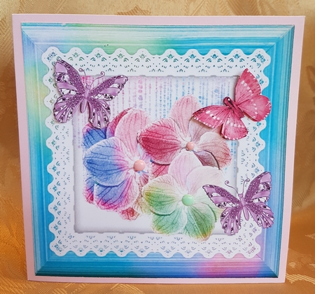 fantasy rainbow flowers and butterflies on lace (one) 8x8 by Deloraine Neubauer
