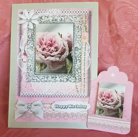 Shabby Chic Quick Card with gems tag, and lace by Deloraine Neubauer