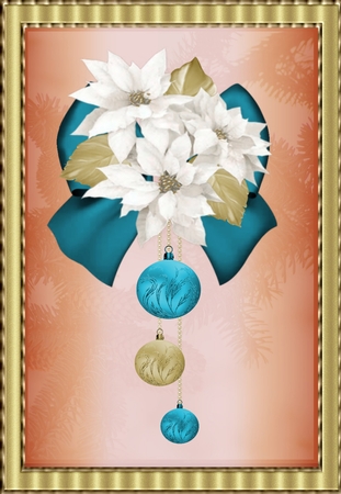 White Poinsettia Teal and Gold Bauble and Bow Vignette by Deloraine Neubauer